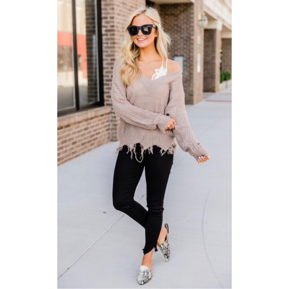 pink lily taupe distressed sweater - Picture 3 of 8